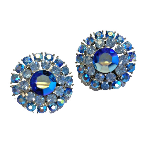 Vintage Clip On Earrings Silver & Blue AB Rhinestone Rounds Signed Amerique - Picture 2 of 7